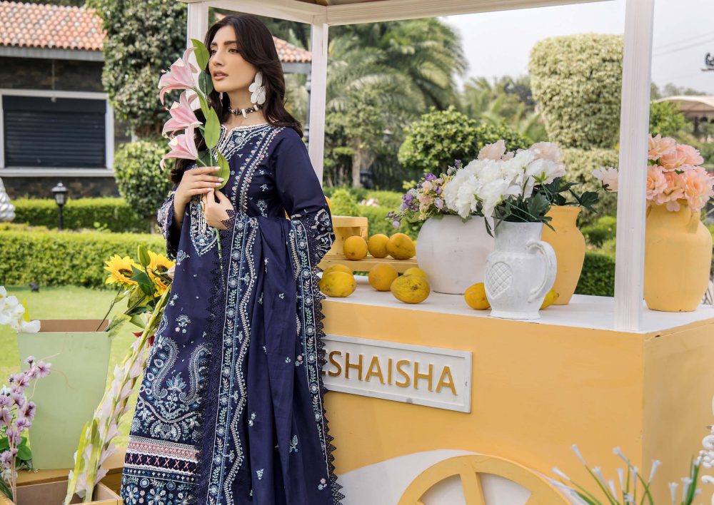Pakistani clothing brands eshaisha festive lawn embroidered collection 2025, unstitched 3 piece embroidered suit, EA-LL-5549, front