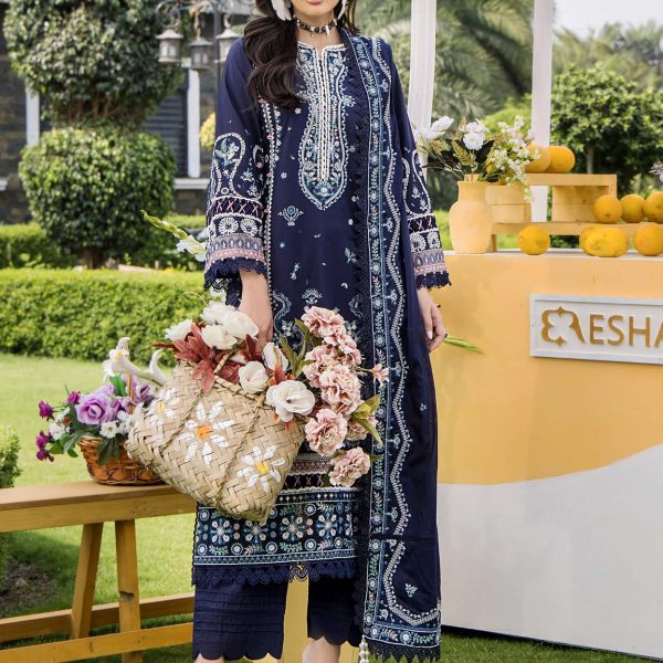 Pakistani clothing brands eshaisha festive lawn embroidered collection 2025, unstitched 3 piece embroidered suit, EA-LL-5549, salwar kameez and dupatta