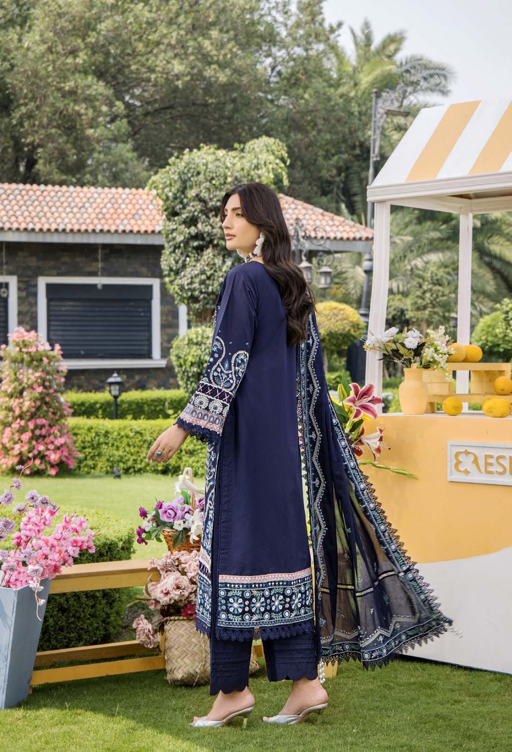 Pakistani clothing brands eshaisha festive lawn embroidered collection 2025, unstitched 3 piece embroidered suit, EA-LL-5549, back