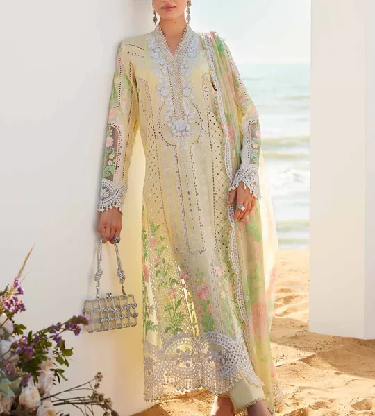 Pakistani clothing brands maria b lawn eid collection 2025, yellow unstitched 3 piece embroidered suit, el-25-04, front