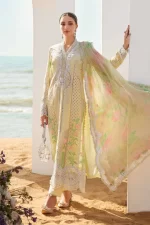 Pakistani clothing brands maria b lawn eid collection 2025, yellow unstitched 3 piece embroidered suit, el-25-04, front shirt & dupatta
