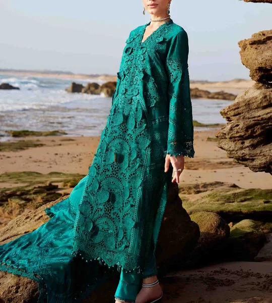 Pakistani clothing brands maria b lawn eid collection 2025, sea green unstitched 3 piece embroidered suit, el-25-05, salwar kameez & dupatta