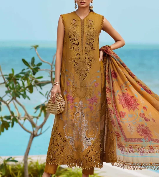 Pakistani clothing brands maria b lawn eid collection 2025, mustard unstitched 3 piece embroidered suit, el-25-06, front