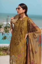 Pakistani clothing brands maria b lawn eid collection 2025, mustard unstitched 3 piece embroidered suit, el-25-06, sirt with neck design