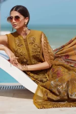 Pakistani clothing brands maria b lawn eid collection 2025, mustard unstitched 3 piece embroidered suit, el-25-06, front neck embroidery