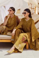 Pakistani clothing brands maria b lawn eid collection 2025, mustard unstitched 3 piece embroidered suit, el-25-06, two different designs