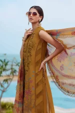 Pakistani clothing brands maria b lawn eid collection 2025, mustard unstitched 3 piece embroidered suit, el-25-06, shirt style and dupatta
