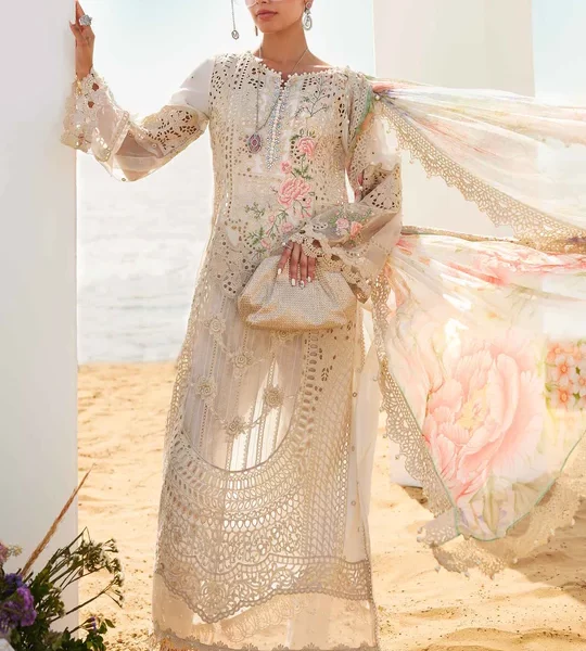 Pakistani clothing brands maria b lawn eid collection 2025, off white unstitched 3 piece embroidered suit, el-25-07, front