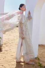 Pakistani clothing brands maria b lawn eid collection 2025, off white unstitched 3 piece embroidered suit, el-25-07, kameez & dupatta