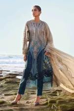 Pakistani clothing brands maria b lawn eid collection 2025, coffee & teal unstitched 3 piece embroidered suit, el-25-08, front