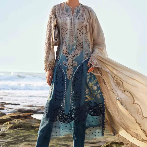 Pakistani clothing brands maria b lawn eid collection 2025, coffee & teal unstitched 3 piece embroidered suit, el-25-08, front