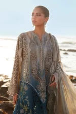 Pakistani clothing brands maria b lawn eid collection 2025, coffee & teal unstitched 3 piece embroidered suit, el-25-08, front shirt design