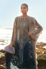 Pakistani clothing brands maria b lawn eid collection 2025, coffee & teal unstitched 3 piece embroidered suit, el-25-08, kameez deisgn