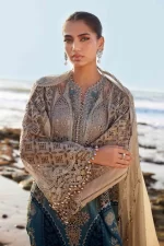 Pakistani clothing brands maria b lawn eid collection 2025, coffee & teal unstitched 3 piece embroidered suit, el-25-08, sleeves embroidery