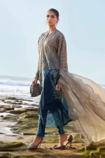 Pakistani clothing brands maria b lawn eid collection 2025, coffee & teal unstitched 3 piece embroidered suit, el-25-08, kameez and dupatta