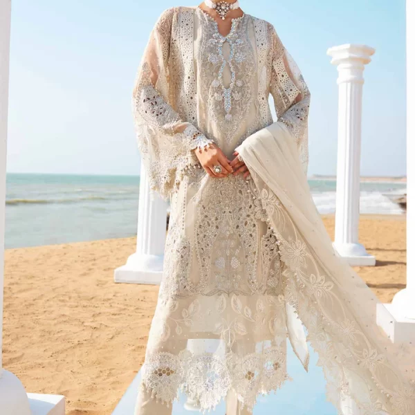 Pakistani clothing brands maria b lawn eid collection 2025, ivory unstitched 3 piece embroidered suit, el-25-09, front