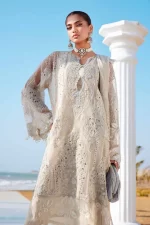 Pakistani clothing brands maria b lawn eid collection 2025, ivory unstitched 3 piece embroidered suit, el-25-09, front shirt