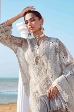 Pakistani clothing brands maria b lawn eid collection 2025, ivory unstitched 3 piece embroidered suit, el-25-09, shirt embroidery