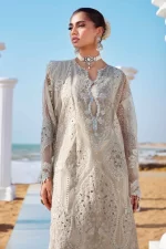 Pakistani clothing brands maria b lawn eid collection 2025, ivory unstitched 3 piece embroidered suit, el-25-09, neck embroidery