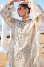 Pakistani clothing brands maria b lawn eid collection 2025, ivory unstitched 3 piece embroidered suit, el-25-09, shirt style and sleeves