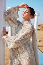 Pakistani clothing brands maria b lawn eid collection 2025, ivory unstitched 3 piece embroidered suit, el-25-09, sleeves embroidery