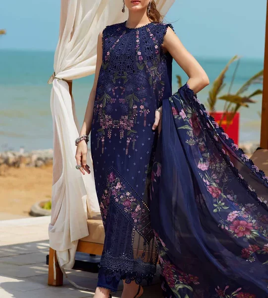 Pakistani clothing brands maria b lawn eid collection 2025, navy unstitched 3 piece embroidered suit, el-25-10, salwar kameez & dupatta
