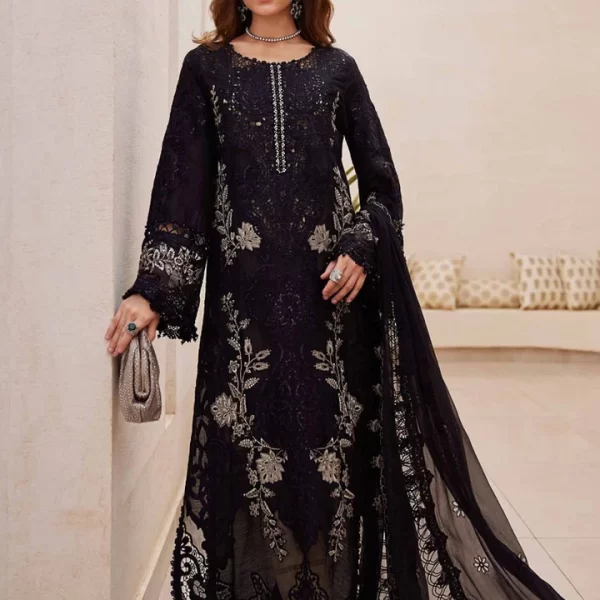Pakistani clothing brands maria b lawn eid collection 2025, unstitched 3 piece embroidered suit, black, el-25-03, front