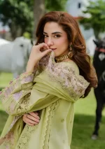Elaf Premium Luxury Lawn Collection 2025 | ELH-1A PISTACIA, 3-piece Pakistani designer lawn suits in the UK- Zee Collections. sleeves and dupatta