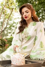 Pakistani clothing brands Maria B M. Basics Unstitched Eid II Lawn 25’, unstitched 3-piece lawn embroidered suit, MB-D-06B, front shirt and neck design
