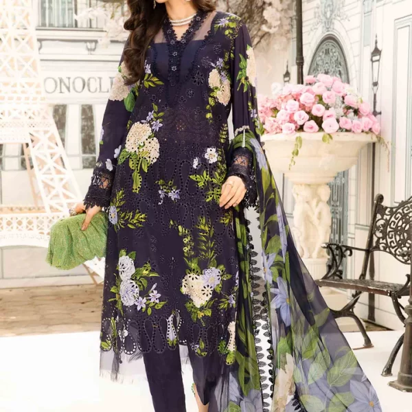 Maria B M. Prints Unstitched Eid II 2025’ “MPT-2602-b”, 3-piece Pakistani designer lawn suits in the UK- Zee Collections. FRONT
