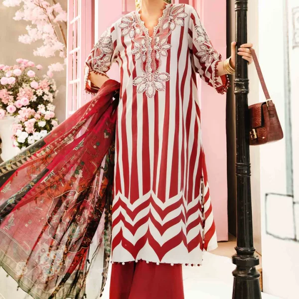 Maria B M. Prints Unstitched Eid II 2025’ “MPT-2609-A”, 3-piece Pakistani designer lawn suits in the UK- Zee Collections. FRONT